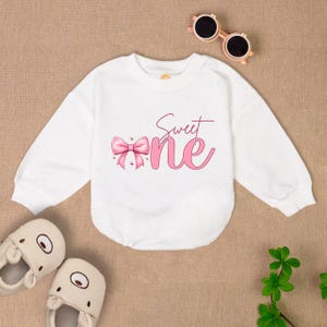 Sweet One Baby Romper Short Sleeves, 1St Birthday Girl Bodysuit, Pink Bow Birthday Romper, One Birthday Baby Outfit