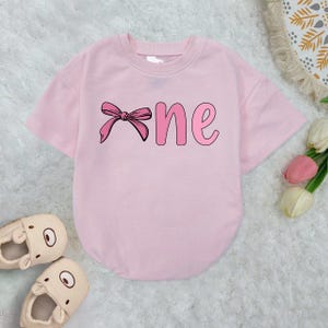 One First Birthday Baby Romper Short Sleeves, Coquette Bow Baby Romper, Pink Bow Bodysuit, Birthday Girl Baby Outfit