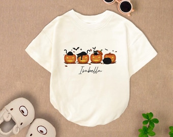 Personalized Halloween Cat & Pumpkin Baby Romper, Black Cat Halloween Bodysuit, Black Cat Lover Gift