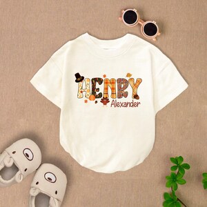 Personalized Thanksgiving Namr Romper Short Sleeves, Fall Baby Bodysuit, Pumpkin Thanksgiving Romper, 1St Thanksgiving Baby Outfit