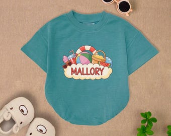 Customized Name Beach Boy Baby Romper Short Sleeves, Custom Baby Summer Bodysuit, Summer Baby Romper, Summer Beach Gift