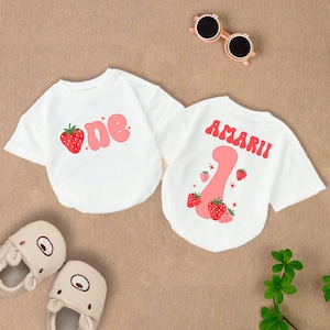Personalized Strawberry One Birthday Baby Romper Short Sleeves, Sweet One Birthday Romper, Strawberry Birthday Girl Romper, Newborn Outfit