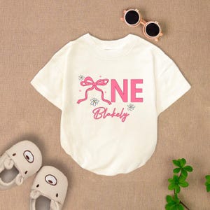 Personalized Pink Bow First Birthday Baby Romper Short Sleeves, Pink Bow 1St Birthday Bodysuit, First Birthday Girl Baby Outfit