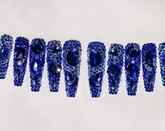 Swarovski blu zaffiro/ Water Blue Press on Nails/ Nägel mit Bling, Long Coffin Shape Extra lange Nägel/Luxus Nägel