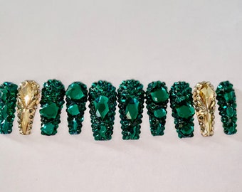Swarovski Emerald Green Press on Nails/ Nails with Bling, Coffin Shape Extra Long Nails/Luxury Nails