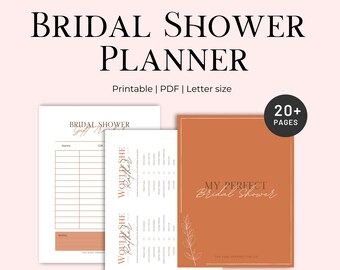 Puede incluir: Un planificador de ducha nupcial imprimible con más de 20 páginas. La portada presenta un fondo marrón con un diseño floral blanco y el texto "Mi ducha nupcial perfecta". El planificador incluye un rastreador de regalos, un juego "Would She Rather" y otras páginas de planificación.