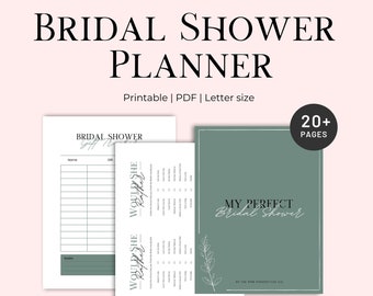 Puede incluir: Un planificador de ducha nupcial imprimible con una portada verde y el texto "My Perfect Bridal Shower" en escritura blanca. El planificador incluye un rastreador de regalos, un juego "Would She Rather" y otras actividades. El planificador tiene más de 20 páginas.