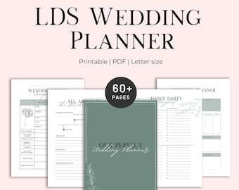 Può includere: Un planner di nozze stampabile con una copertina verde che presenta il testo "Il nostro perfetto planner di nozze" e un design floreale. Il planner include oltre 60 pagine ed è progettato per le coppie mormone.