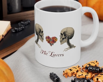 The Lovers Skeleton Coffee Mug: Gothic Skull & Floral Heart - 11oz/15oz