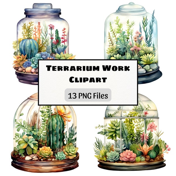 Watercolor Plant Terrarium Clipart, 13 High Quality PNG, Digital Download, Decoration Art, Transparent Background, Printables