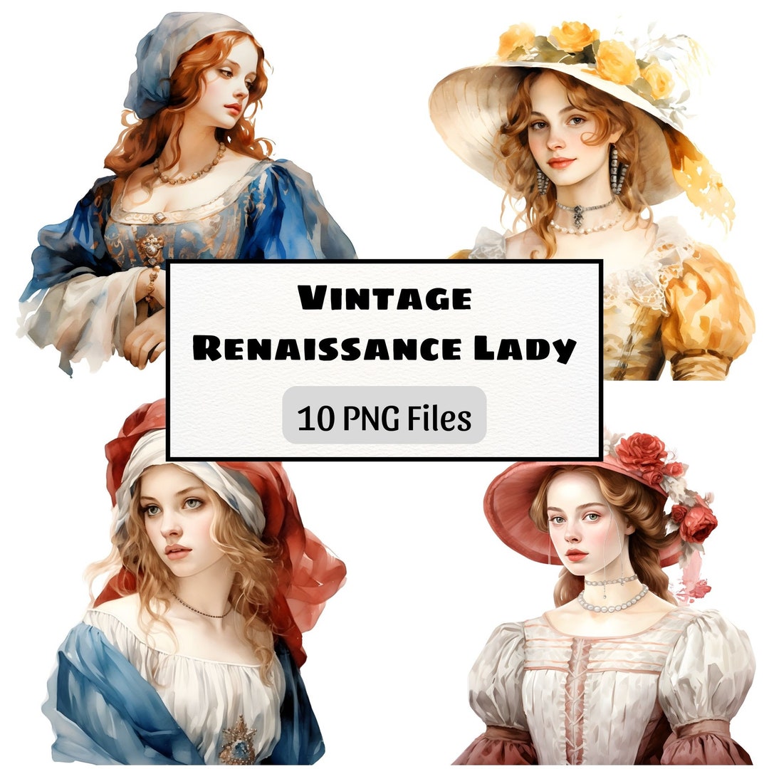 Vintage Renaissance Lady Watercolor Clipart, 10 PNG Image Instant ...