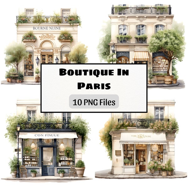 Boutique in Paris illustration, 10 Instant Download Images, Shop Front Watercolor Clipart,Sublimation Design,Parisian Restaurant,Digital Art