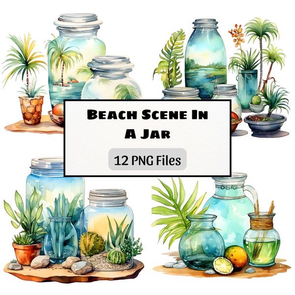 Beach Scene Watercolor Clipart, 12 PNG Images, Transparent Background, Digital Download, Sea Graphics, Digital Illustrations