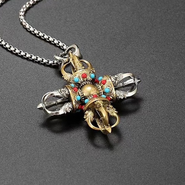 Brass Cross Vajra Amulet, Tibetan Double Vajra Cross Necklace, Tibetan Buddist Dorje Prayer Pendant, Vintage Tibetan Jewelry