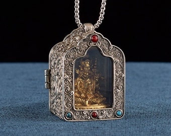 Tibetan Ghau Box Pendant Solid Brass Buddha Protector Statue Buddha Gau Box Amulet for Meditation Gift Buddism Practice Spiritual Necklace