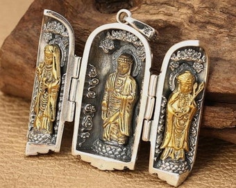 Drei Dreieinigkeit Ghau Box Anhänger, tibetische Ghau Schrein Halskette, Silber Gau Anhänger, buddhistisches Altar Amulett