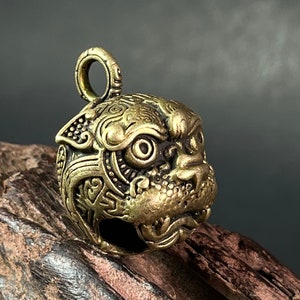 Vintage Brass Tiger Head Bell Pendant: Tibetan Amulet Necklace