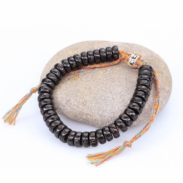 Tibetan prayer beaded bracelet, Adjustable Men Prayer Bracelet, Coconut shell beads, Buddhist Altar Amulet, Carved with Om Mani Padme Hum