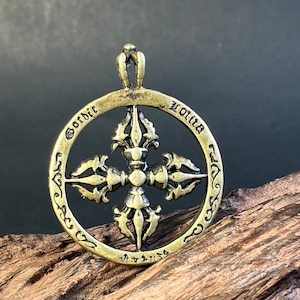 Vintage Brass Vajra Cross Amulet: Tibetan Buddhist Prayer Pendant