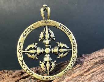 Vintage Brass Vajra Cross Amulet: Tibetan Buddhist Prayer Pendant