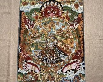 Wheel of Life Painting Thangka, Thangka tessile tibetano, Nepal Buddist Thangka, Wall hanging Buddist decor