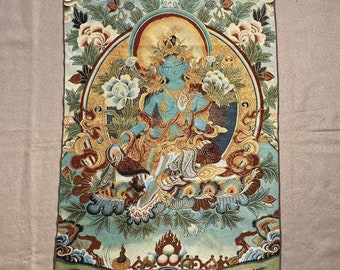Tibetan Green Tara Textile Thangka, Vintage Bodhisattva Tara Thangka, Nepal Thangka Art, Wall hanging Buddist decor