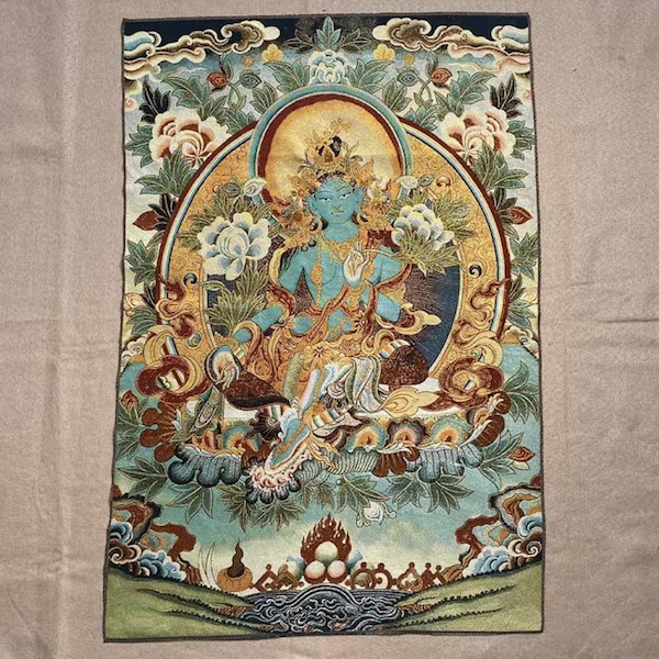 Tibetan Green Tara Textile Thangka, Vintage Bodhisattva Tara Thangka, Nepal Thangka Art, Wall hanging Buddist decor