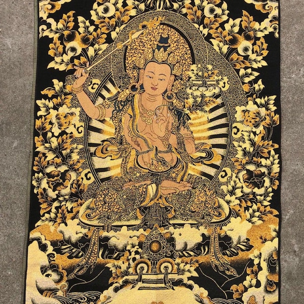 Manjushri Textile Thangka, Wisdom Bodhisattva Thangka, Nepal Thangka Art, Wall hanging Buddist decor