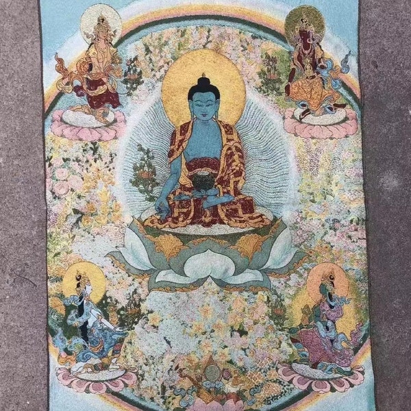 Medicine Buddha Statue Textile Thangka Buddha Wall Art Medicine Buddha Protection Thangka, Nepal Thangka Art, Wall Hanging Thangka