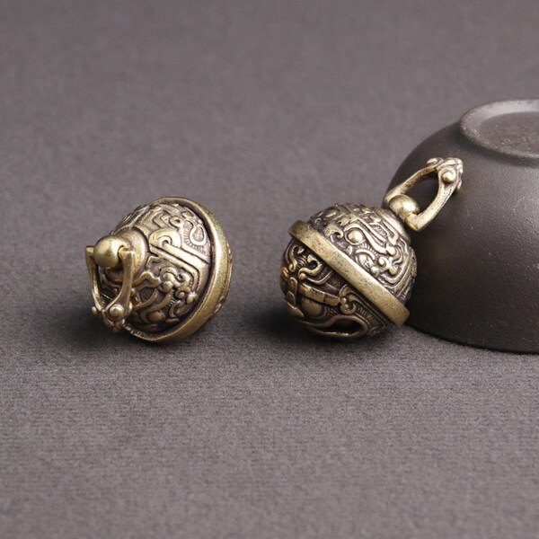 Vintage brass bell pendant, Brass Taotie design bell, Tibetan Buddist necklace, Tibetan ring bell amulet, Meditation necklace