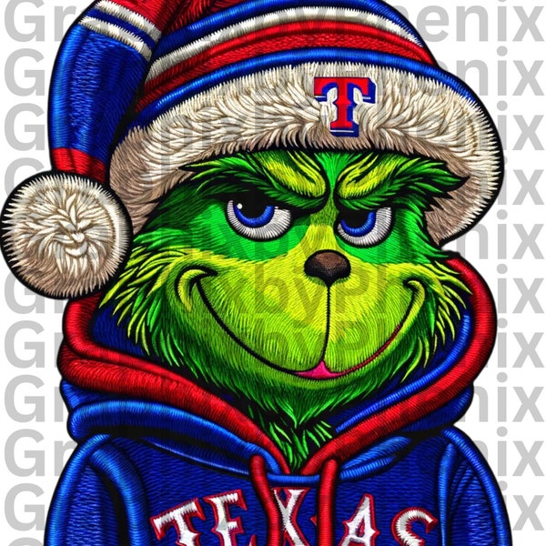 Embroidered style Grinch reppin' a Rangers hoodie. PNG!! PNG!!