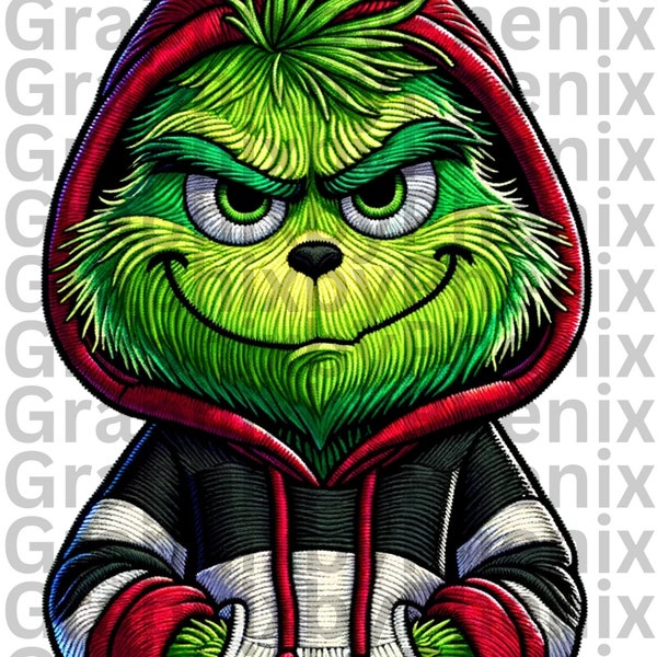 3 Embroidered style Grinch reppin' a red, black, white hoodie. PNG!! PNG!!