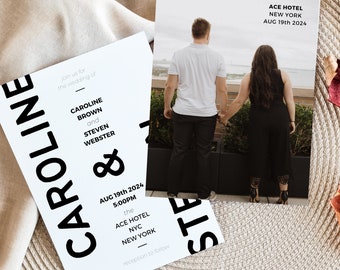 May include: Two rectangular wedding stationery cards with white backgrounds and bold black sans-serif typography. One card features a photograph of a couple holding hands, with the text SAVE THE DATE, ACE HOTEL, NEW YORK, AUG 19th 2024.