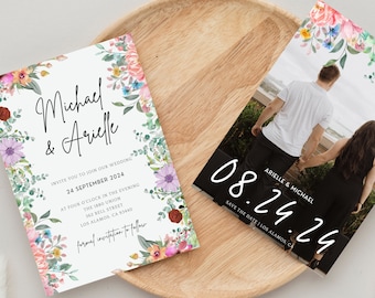 May include: A wedding invitation and a save the date card featuring watercolor floral borders in pink, purple, and orange. The invitation text reads Michael & Arielle, 24 September 2024. The save the date card displays a photo and the date 08.24.24.