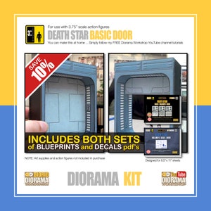 May include: A digital download diorama kit for a Death Star door, designed for 3.75 inch action figures. The kit includes blueprints and decals, and is designed for 8.5 by 11 inch sheets of paper. The image shows a blue and gray door with a white border, and the text "Death Star Basic Door" is visible.