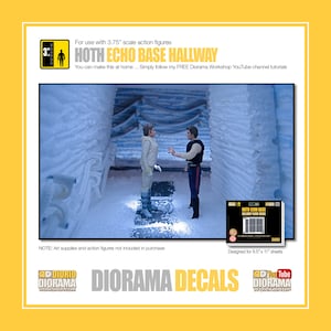 May include: A set of 8.5 x 11 inch printable decals for a 3.75 inch scale model of a hallway from the Star Wars movie, The Empire Strikes Back. The decals feature a scene from the movie with Han Solo and Princess Leia. The text on the decal sheet reads "Hoth Echo Base Hallway Floor Decals".