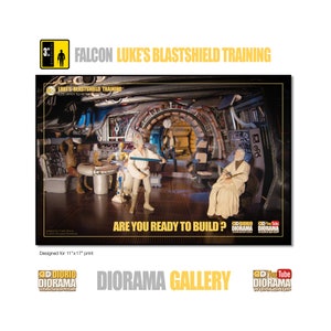 Può includere: Una scena diorama con l'addestramento Blastshield di Luke Skywalker sul Millennium Falcon. La scena include le figure di Luke, Obi-Wan, Chewbacca e C-3PO. Il testo "ARE YOU READY TO BUILD?" è visualizzato. La stampa è progettata per una stampa di 28 cm x 43 cm.