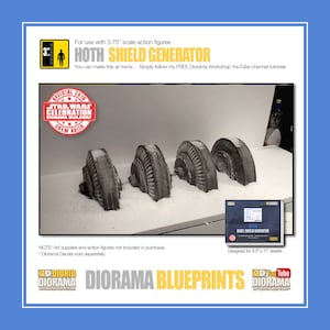 Könnte beinhalten: Ein Diorama-Bauplan für einen Star Wars Hoth-Schildgenerator, entworfen für 8,5 x 11 Zoll große Blätter. Der Bauplan enthält eine detaillierte Illustration des Schildgenerators sowie Anweisungen zum Bau. Der Bauplan ist Teil eines größeren Diorama-Projekts und ist auf Etsy erhältlich.