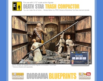 May include: A diorama blueprint for a Death Star Trash Compactor, featuring a scene with Star Wars characters Chewbacca, Princess Leia, and Stormtroopers. The blueprint is for use with 3.75 inch action figures. The image includes the text "Death Star Trash Compactor" and "Diorama Blueprints".