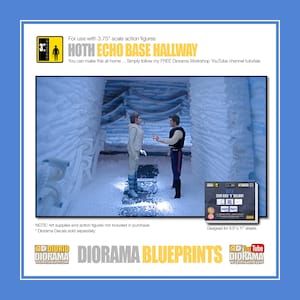 May include: A blueprint for a 3.75 inch scale action figure diorama of the Hoth Echo Base Hallway from Star Wars. The blueprint is designed for 8.5 by 11 inch sheets. The image shows a diorama of the hallway with action figures of Princess Leia and Han Solo.