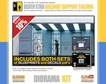 May include: A diorama kit for a Death Star hallway support column. The kit includes blueprints and decals for a 3.75 inch scale action figure. The kit is designed for 8.5 by 11 inch sheets of paper. The image shows a model of the hallway with two action figures.
