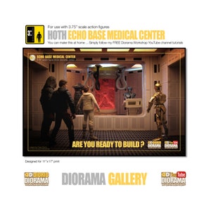 Könnte beinhalten: Ein Diorama des medizinischen Zentrums der Echo-Basis auf Hoth aus Star Wars. Das Diorama ist für 3,75 Zoll große Actionfiguren konzipiert und enthält eine rote medizinische Kammer, einen medizinischen Droiden und drei Figuren. Das Diorama ist für den Druck auf 11x17 Zoll ausgelegt. Der Text "Sind Sie bereit zum Bauen?" ist im Bild enthalten.