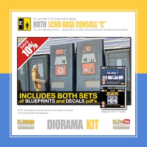 Könnte beinhalten: Ein Diorama-Set für eine Star Wars Hoth Echo Base Rebel Console "C" mit Bauplänen und Abziehbildern. Das Set ist für 8,5 x 11 Zoll große Blätter konzipiert und beinhaltet einen Rabatt von 10%.