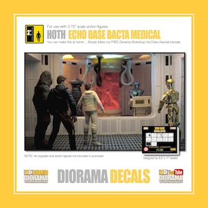 May include: A set of printable decals for a 3.75 inch scale Star Wars diorama. The decals feature the text "HOTH ECHO BASE BACTA MEDICAL" and are designed for 8.5 x 11 inch sheets.