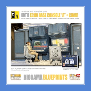 Könnte beinhalten: Ein Diorama-Bauplan für eine Star Wars Hoth Echo Base Rebel Console "A" und einen Stuhl. Der Bauplan ist für 8,5" x 11" Blätter ausgelegt. Das Bild zeigt ein Modell der Konsole und des Stuhls, mit einer Figur, die auf dem Stuhl sitzt.
