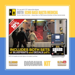 Könnte beinhalten: Ein Star Wars Diorama-Set für 3,75 Zoll große Actionfiguren. Das Set enthält Baupläne und Abziehbilder zum Bau eines Hoth Echo Base Bacta Medical Centers. Das Set ist für 8,5 x 11 Zoll große Blätter ausgelegt. Das Bild zeigt ein fertiggestelltes Diorama mit Actionfiguren.