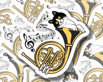 French Horn Cat Sticker, Funny Orchestra Decal