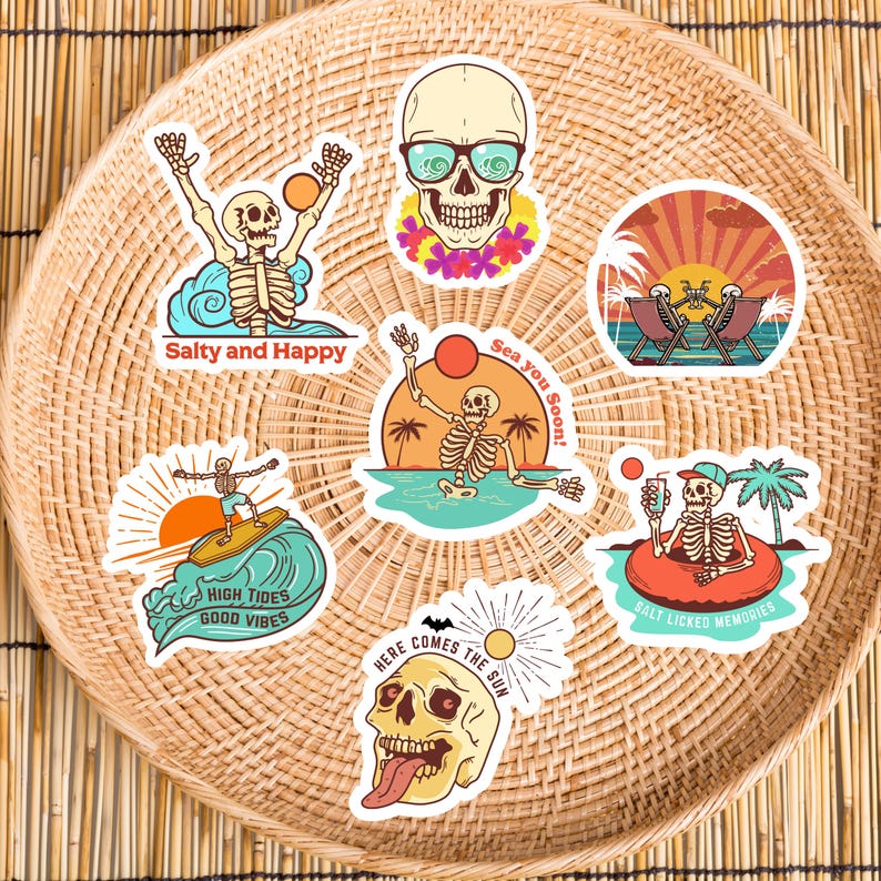Peut inclure: Ensemble de 7 autocollants color&eacute;s repr&eacute;sentant des squelettes avec diff&eacute;rentes phrases sur le th&egrave;me de l'&eacute;t&eacute;, notamment "Salty and Happy", "High Tides Good Vibes", "Sea You Soon!" et "Here Comes the Sun".