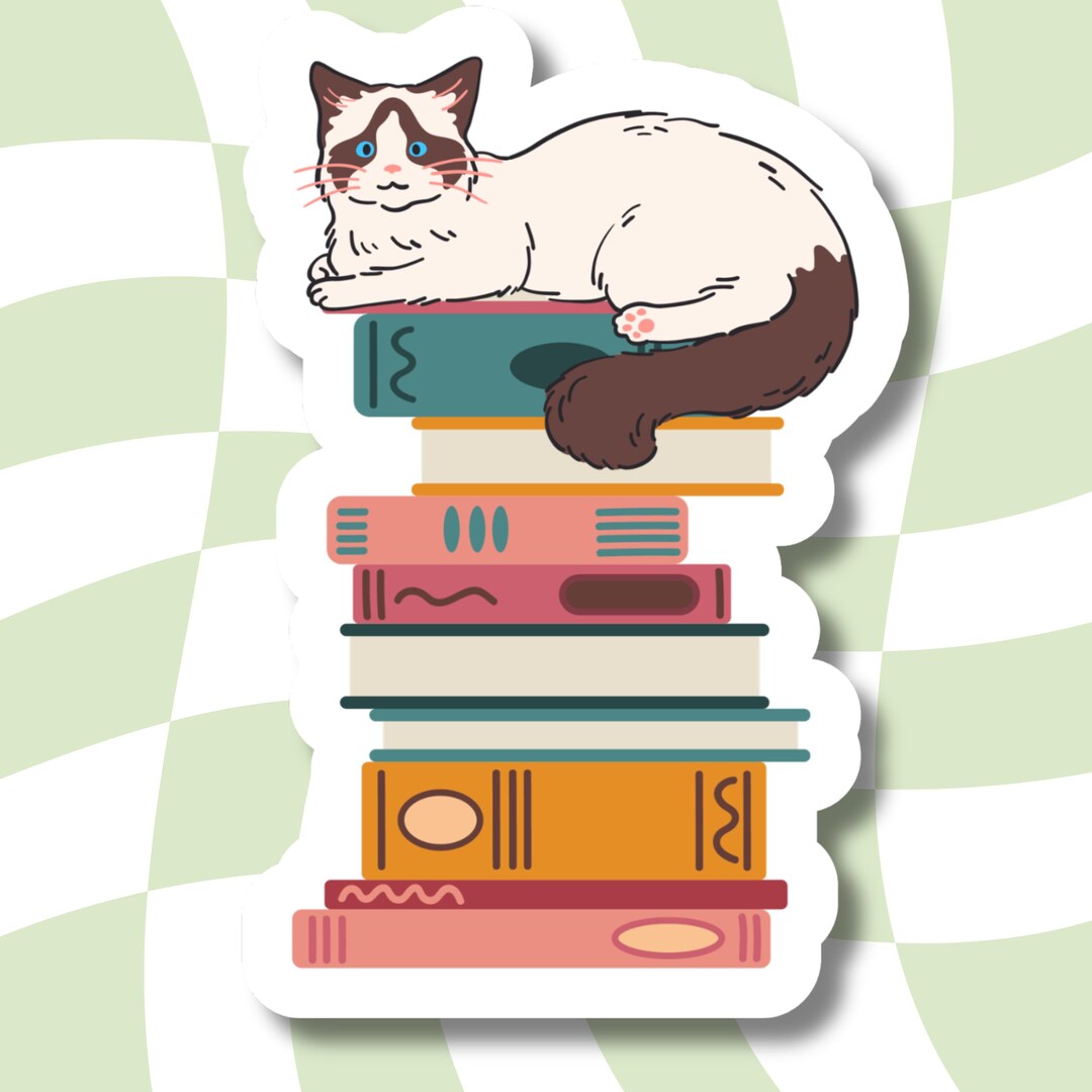 Book Stack Cat Sticker, Laptop Sticker, Die Cut Sticker, Cat Sticker ...