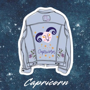 Sticker Capricorne, sticker signe du zodiaque, sticker anniversaire décembre, anniversaire Capricorne, sticker anniversaire janvier, veste en jean, époque anniversaire
